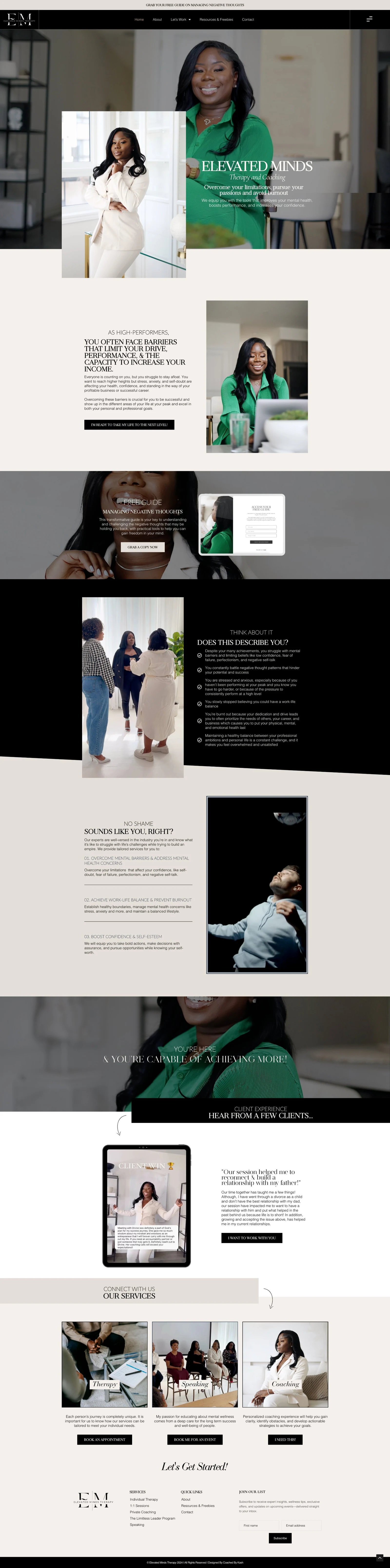 Full homepage of the Elevated Minds Therapy website designed by Coached By Kash