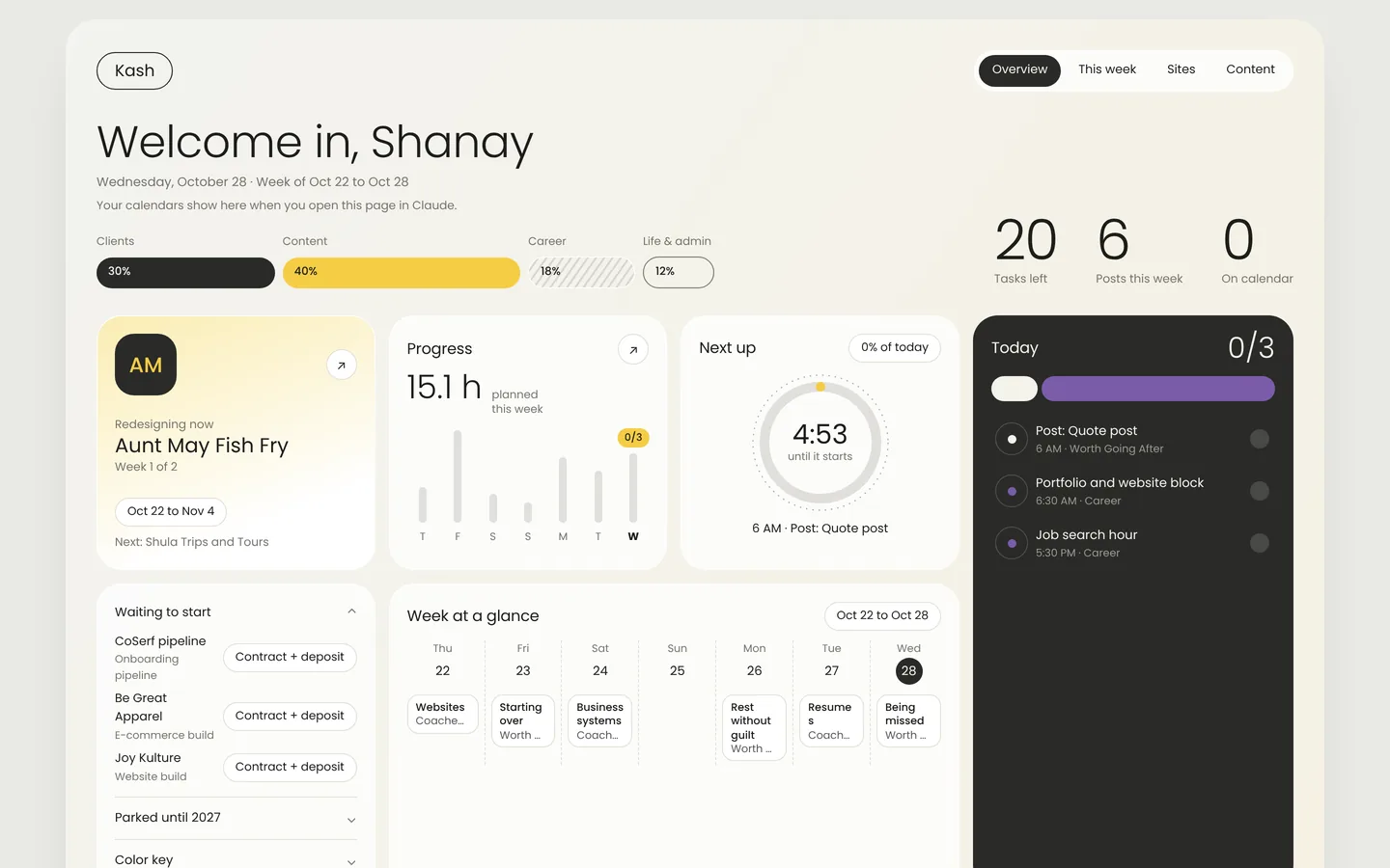 Kash Command Center dashboard showing current client project, weekly progress, today's schedule and clients waiting to start on desktop