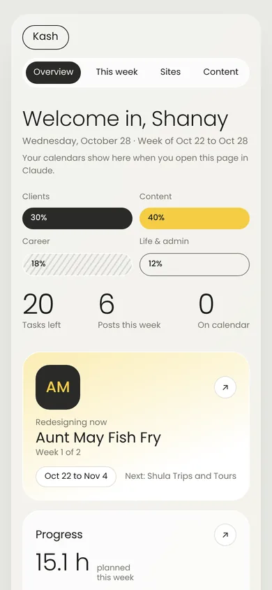 Kash Command Center dashboard showing current client project, weekly progress, today's schedule and clients waiting to start on a phone