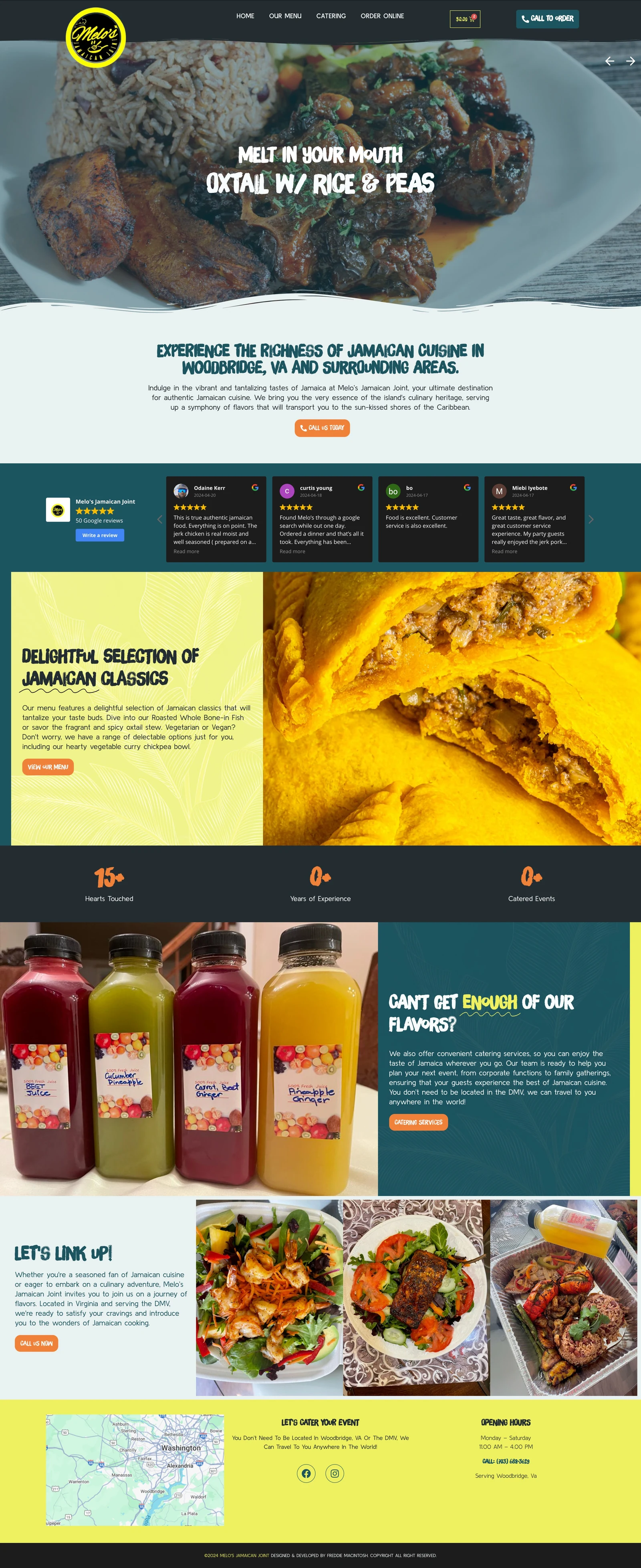 Full homepage of the Melo's Jamaican Joint website designed by Coached By Kash