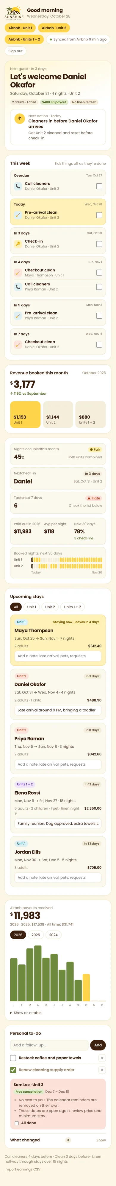 Sunshine Mews family dashboard showing revenue, upcoming stays, cleaning reminders and the next guest on a phone