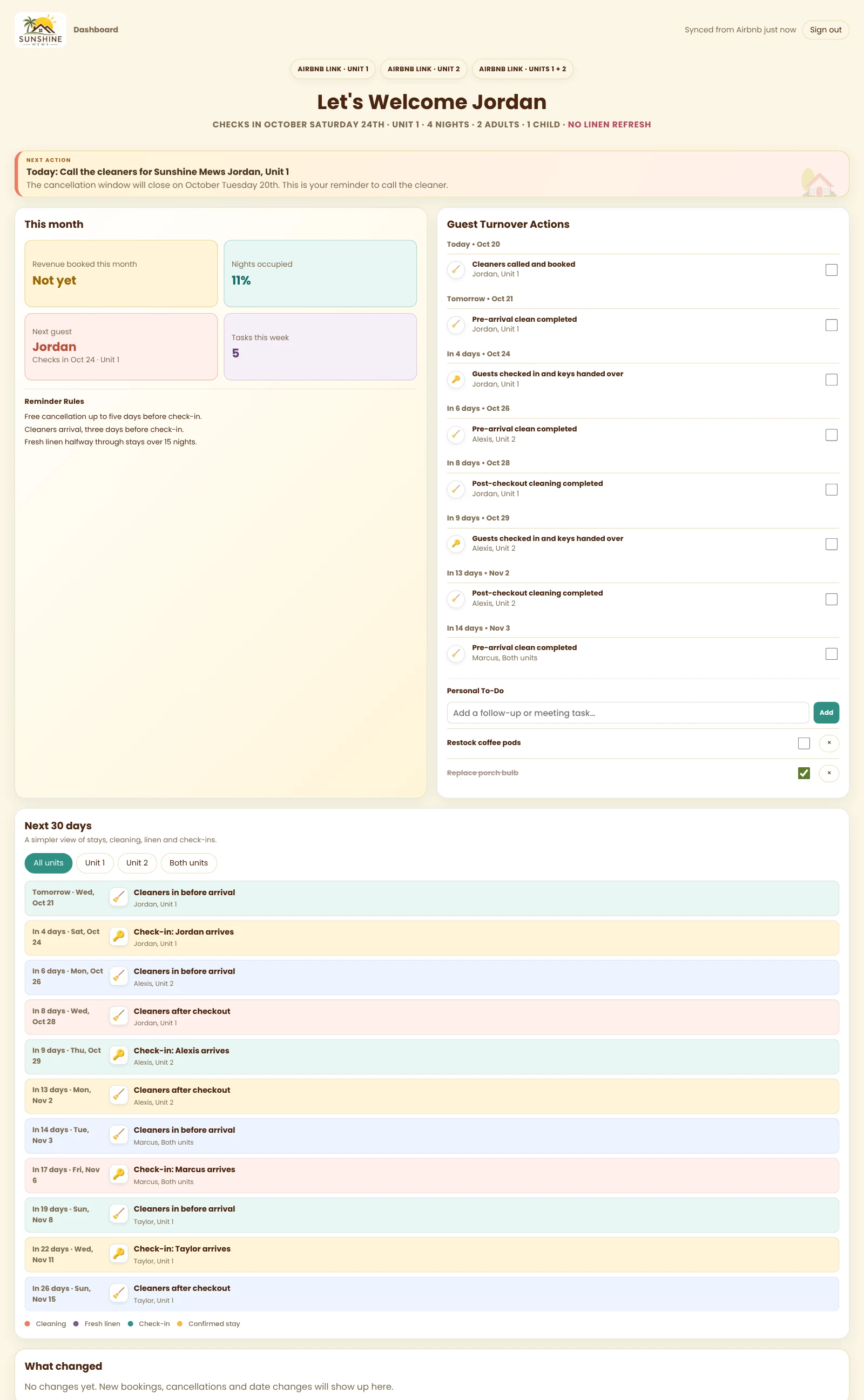 Sunshine Mews family dashboard showing the next action, upcoming check-ins, cleaning and linen reminders