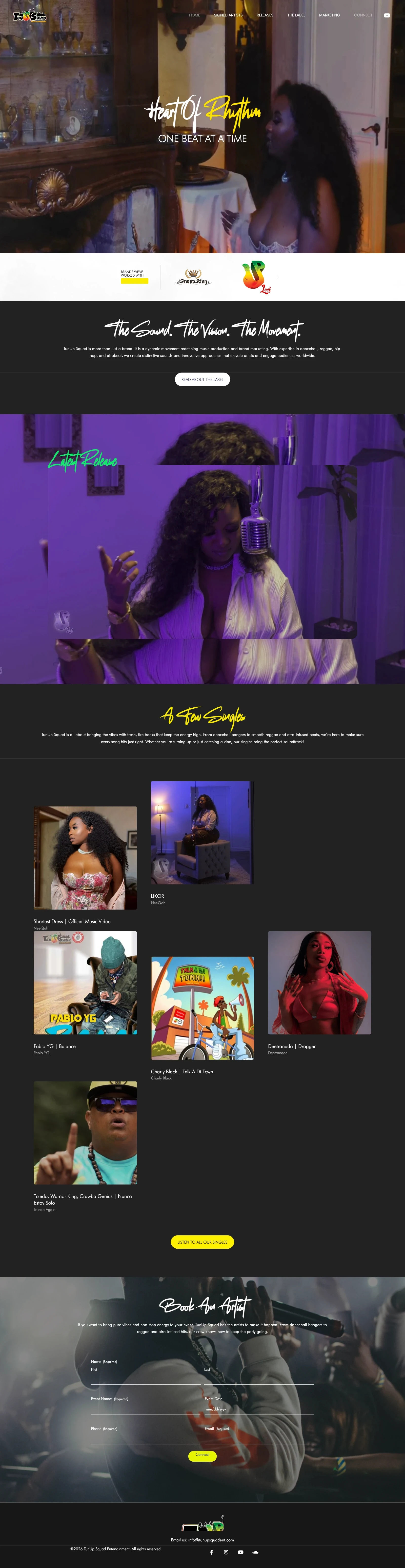 Full homepage of the TunUp Squad Entertainment website designed by Coached By Kash